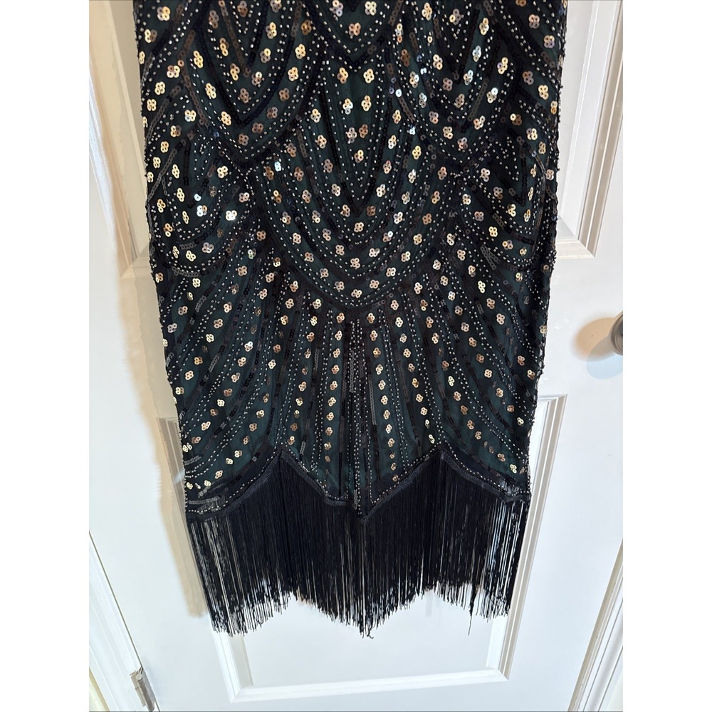 Fundaisy Black And Green Sequined 1920s Style Flapper Dress With Fringe Hem Med - Picture 2 of 5